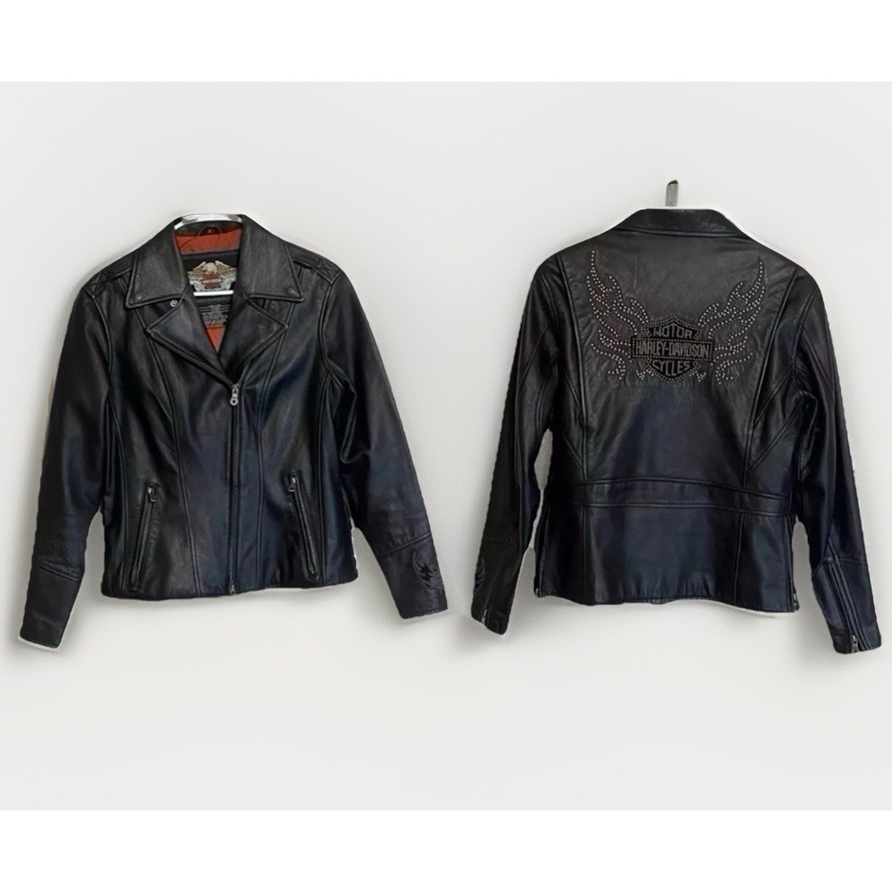 Harley Davidson Motorcycle Women's Riding Leather Jacket Metal Studded Sz S
